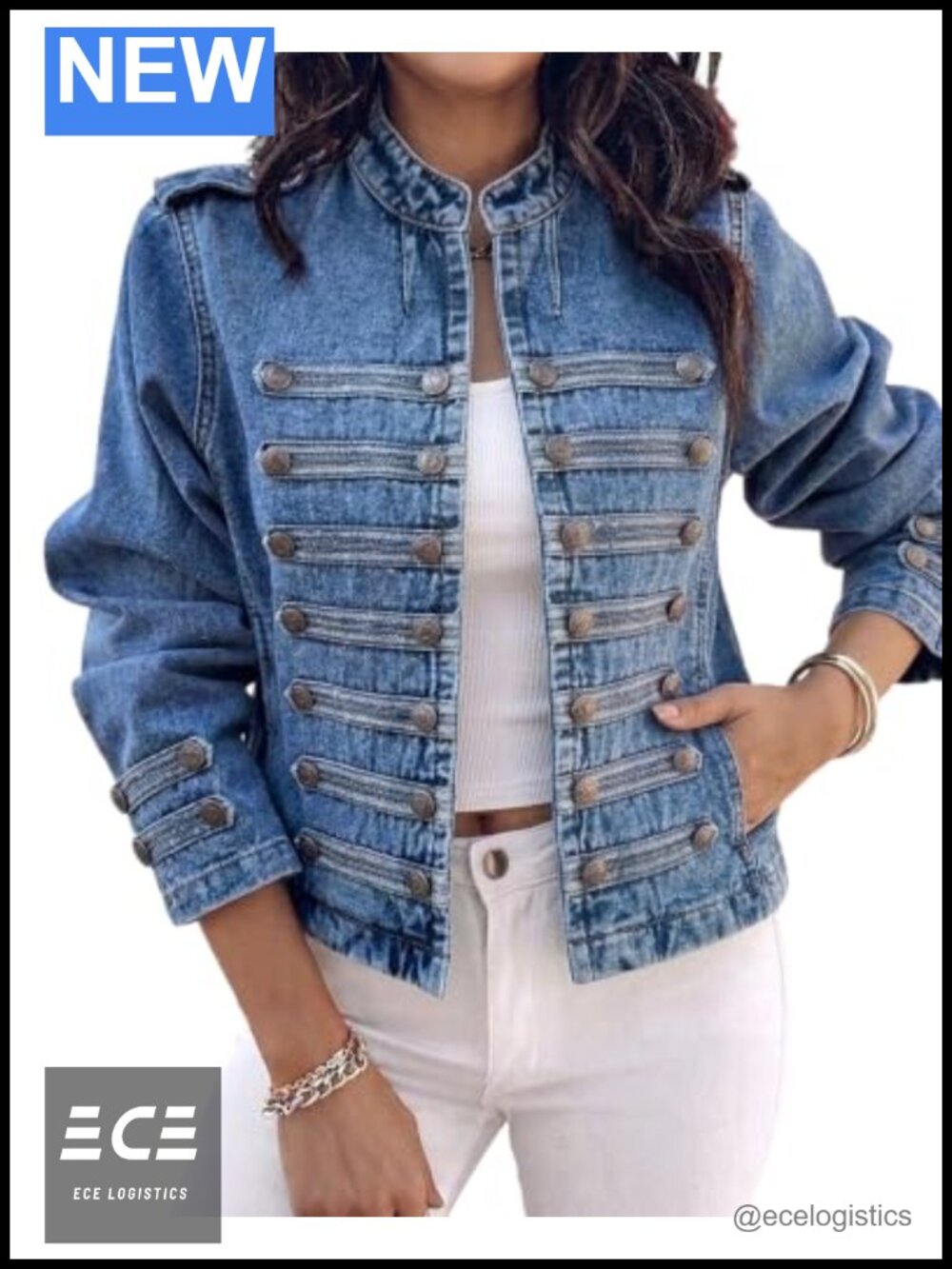 Cotton Blend Denim Jacket Stand Collar Metal Button Lightweight